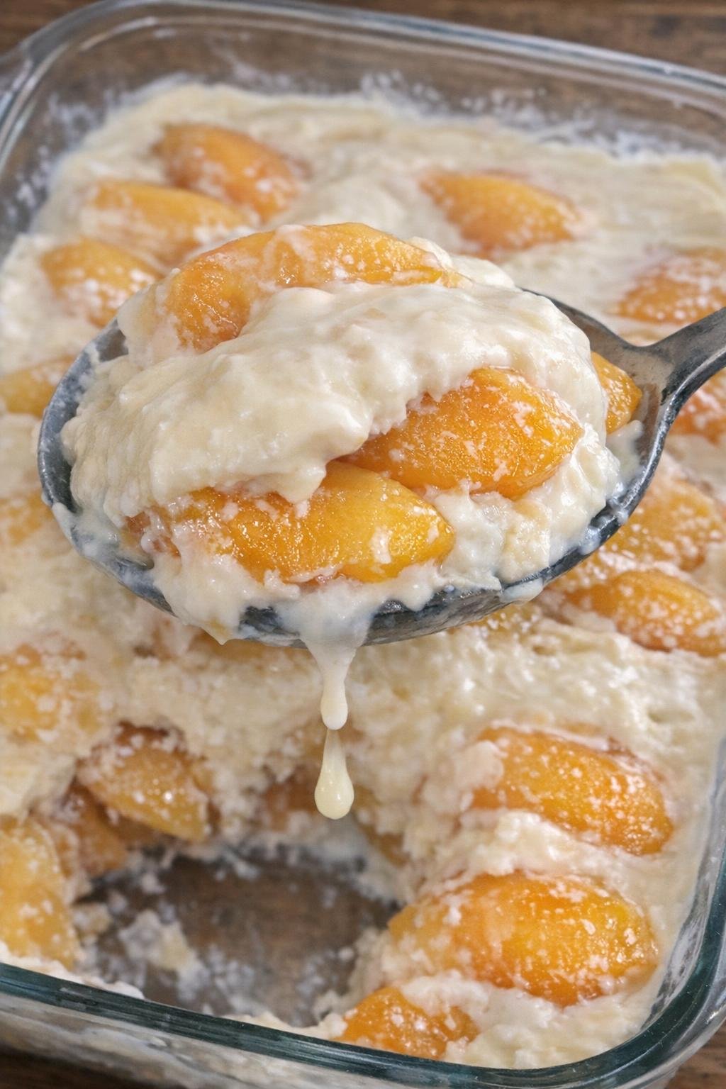 Peaches layered with creamy filling in a glass baking dish