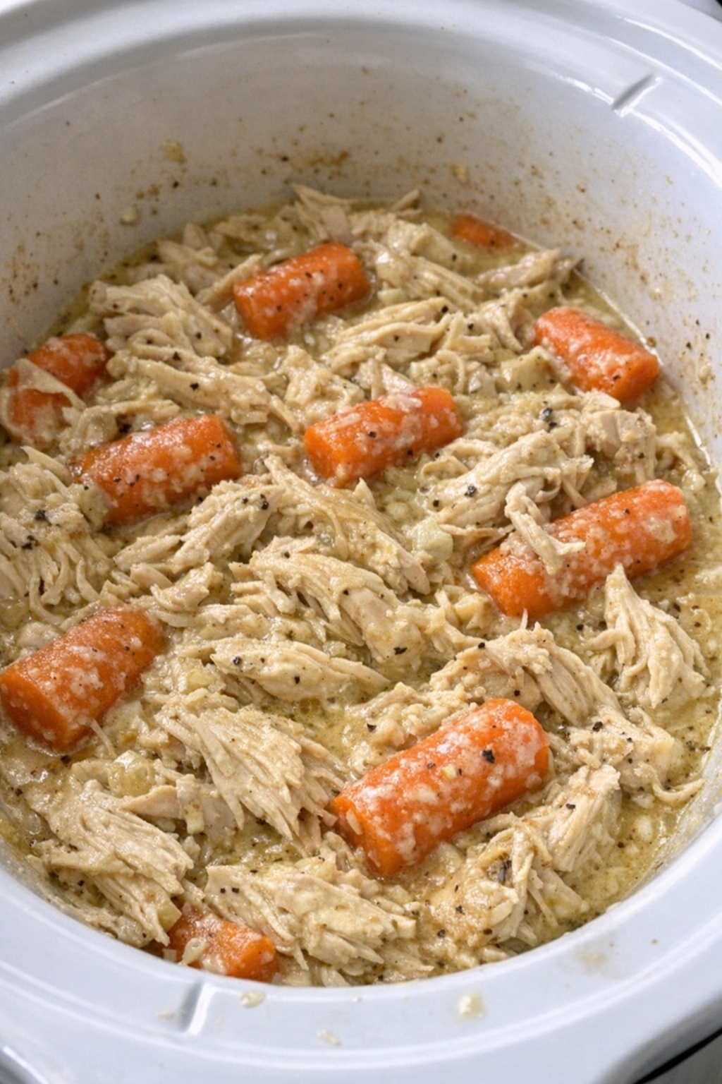 Slow cooker chicken and carrots in a white slow cooker