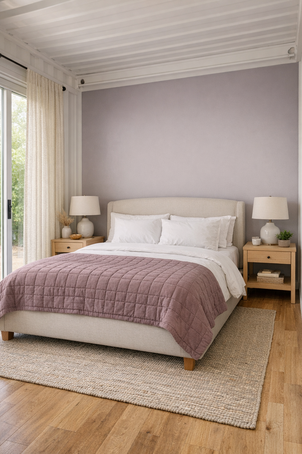 Serene bedroom with lavender-gray wall, upholstered bed, and soft natural textures