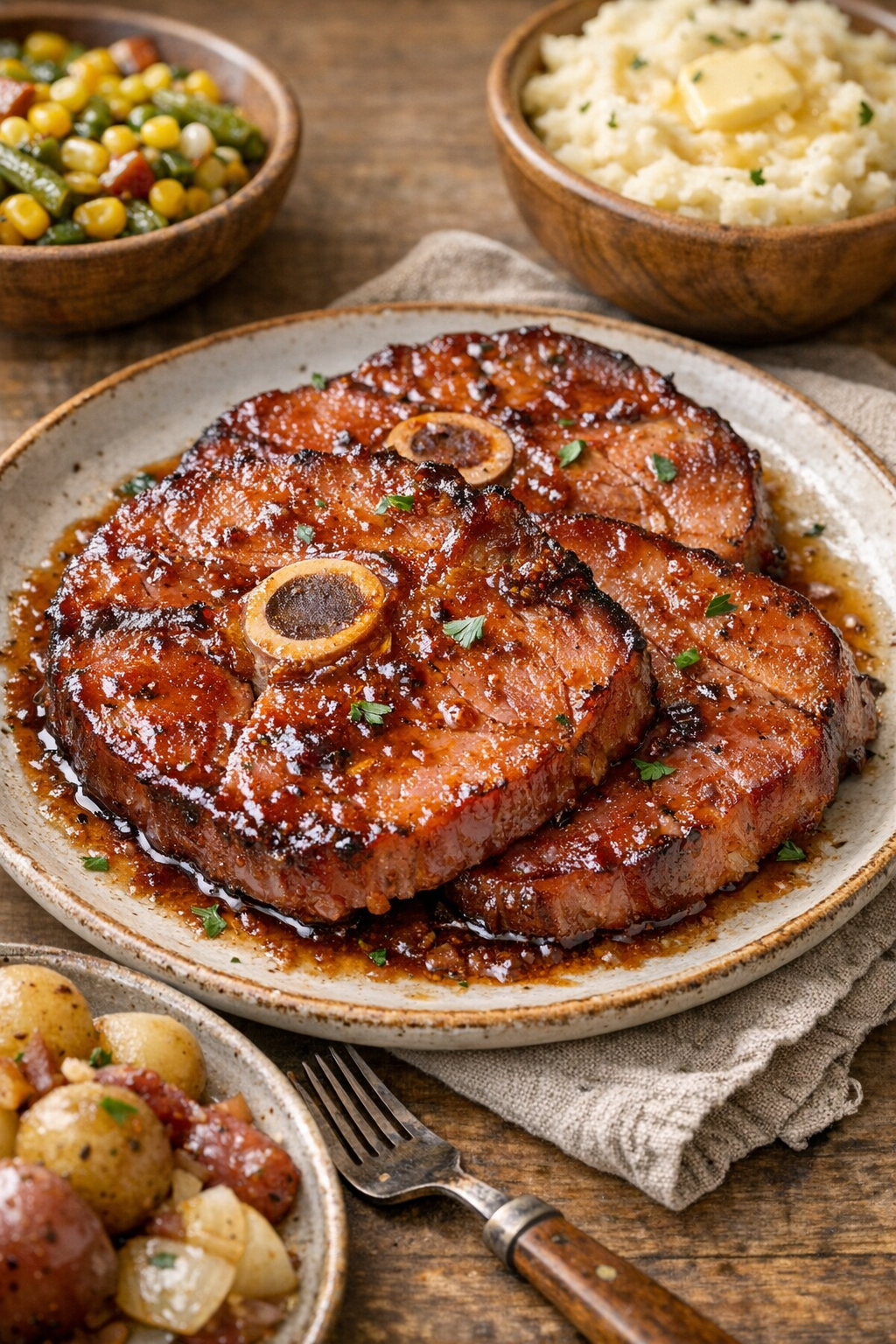 Ham steaks with a warmly spiced glossy glaze