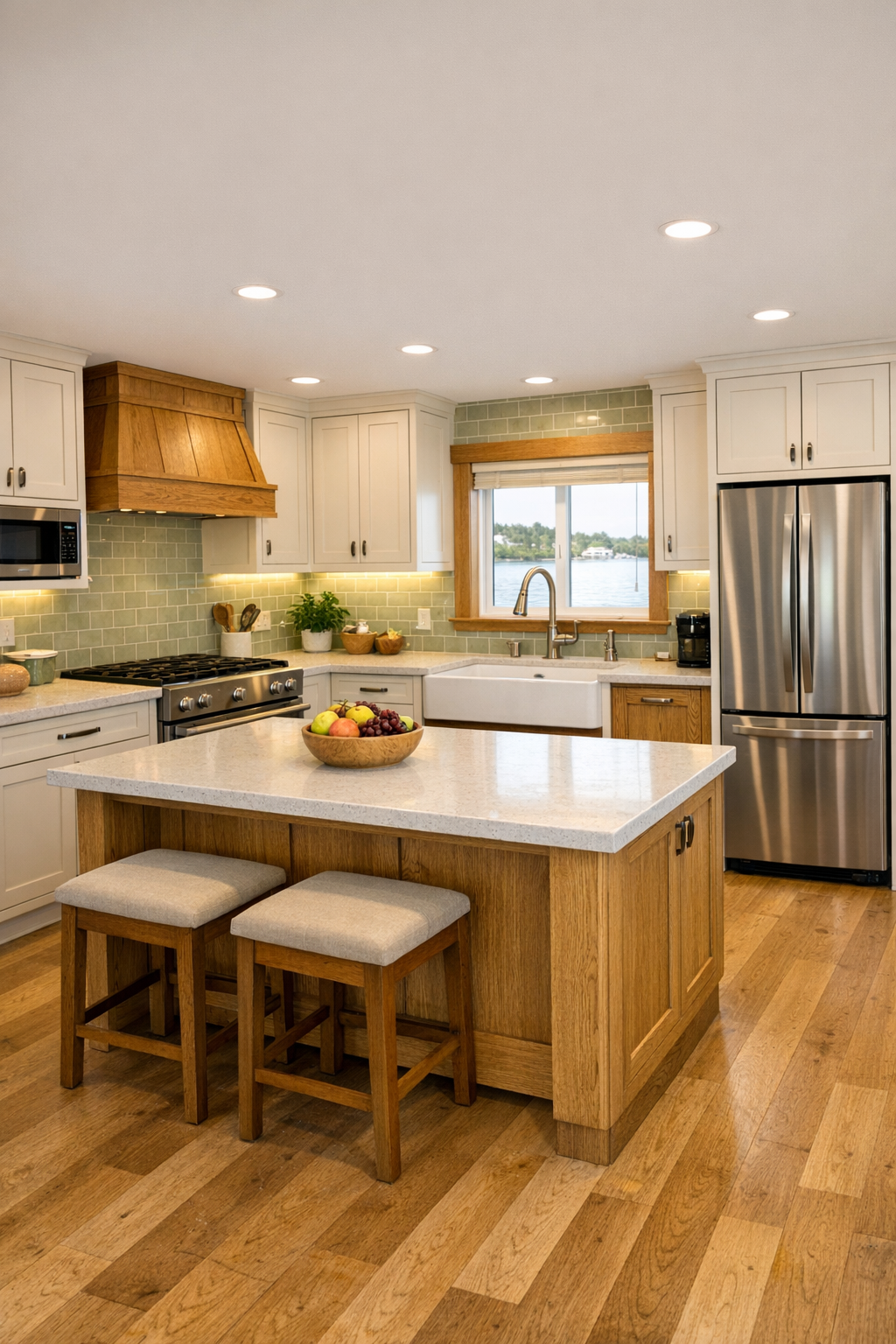 Accessible craftsman kitchen with warm white cabinets and oak accents