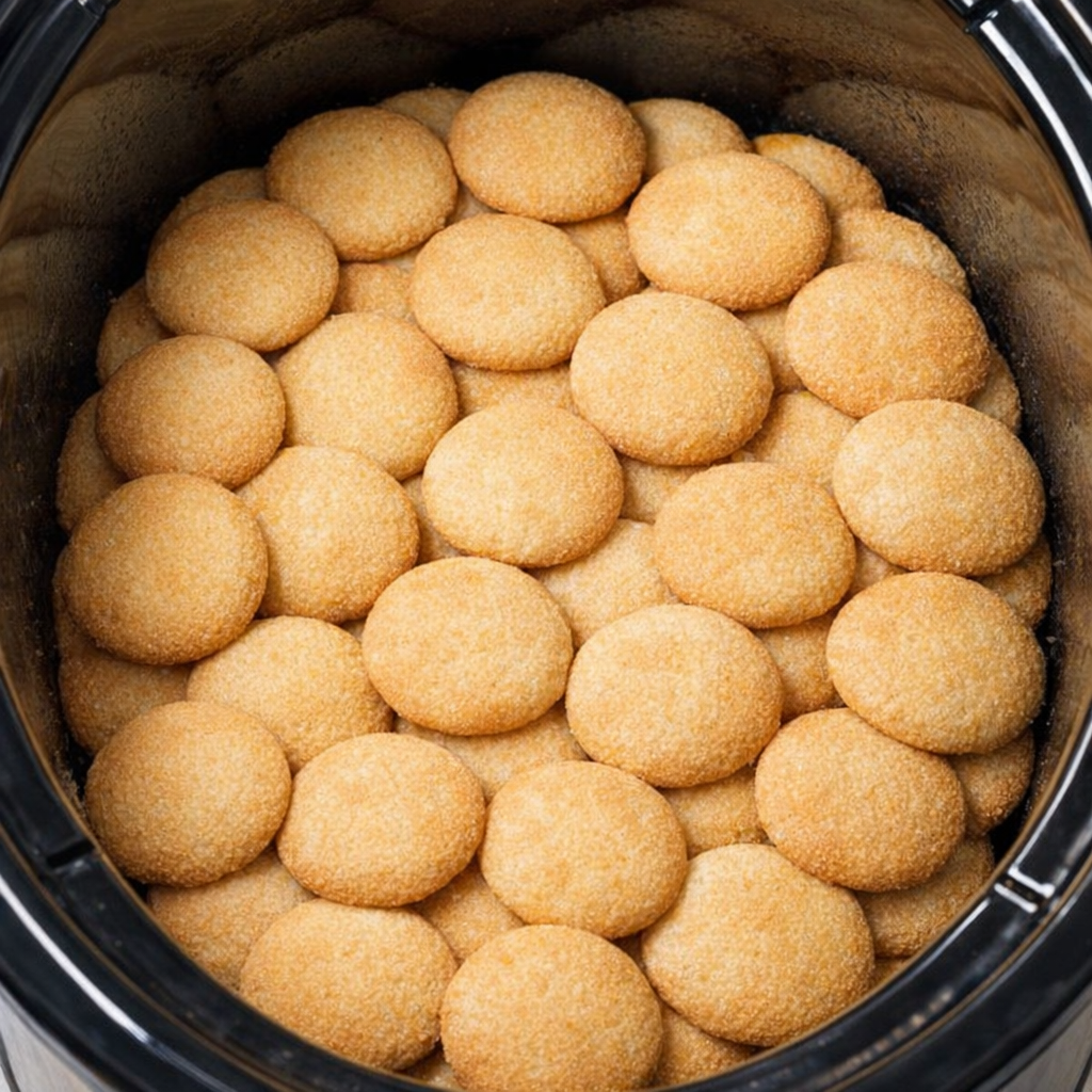 Vanilla wafers layered inside a slow cooker