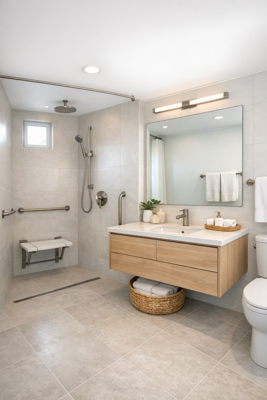 Accessible spa-like bathroom with curbless shower and light wood vanity