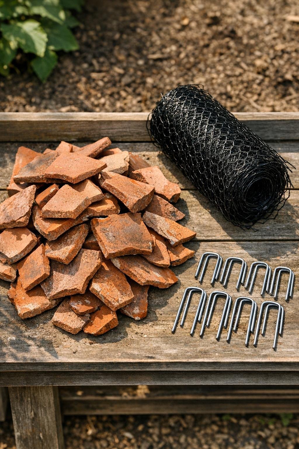 Broken terracotta pot pieces, garden mesh, and landscape pins laid out for the project