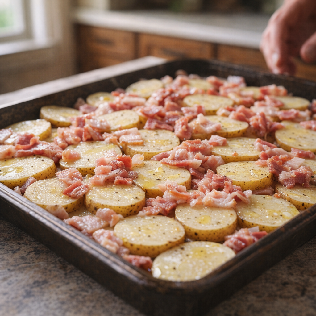 Sheet pan of potatoes and bacon just before going into the oven