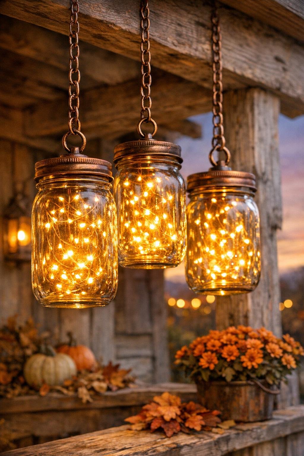 Finished vintage harvest mason jar lanterns glowing on a porch