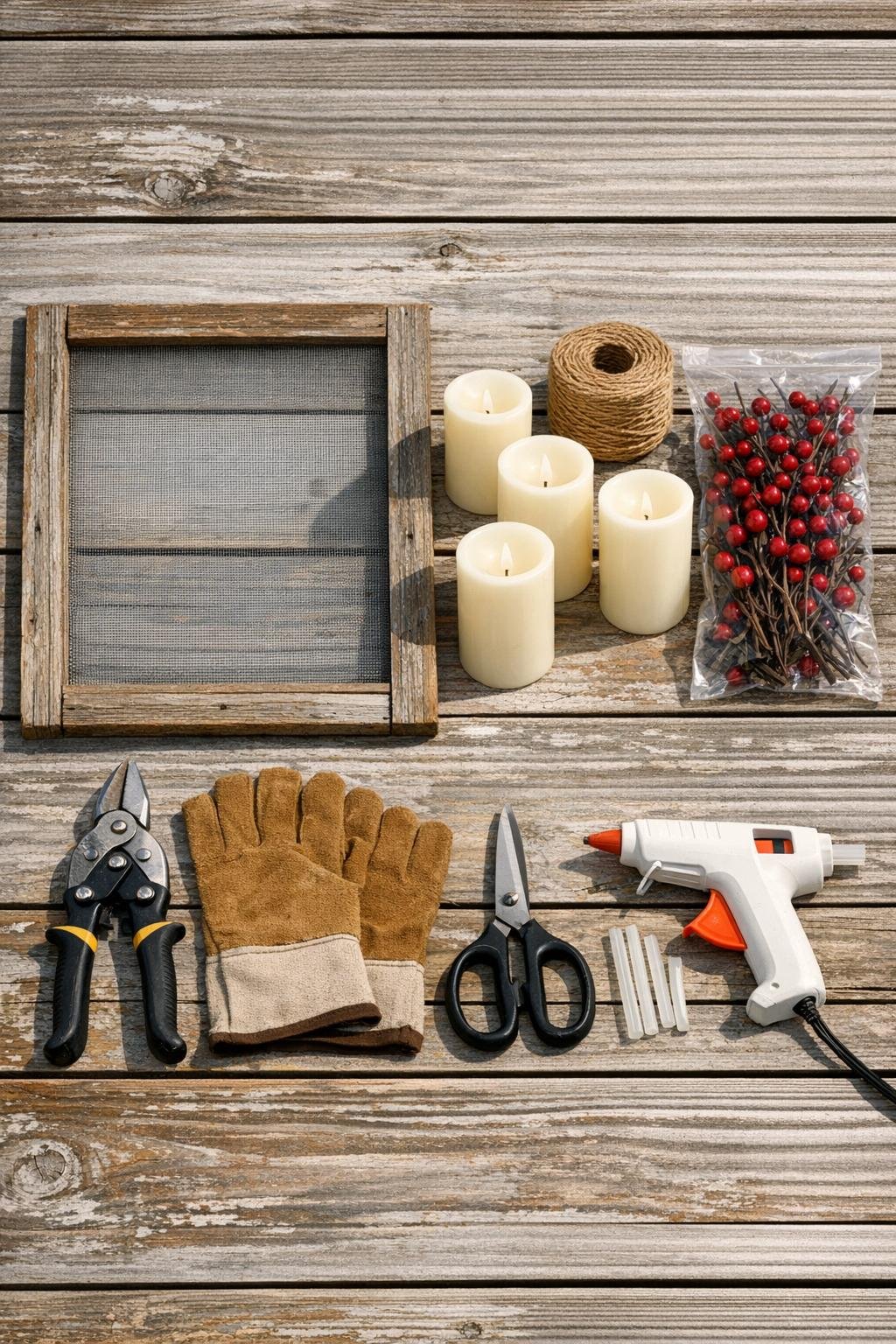 Old window screen and supplies laid out for making porch luminaries