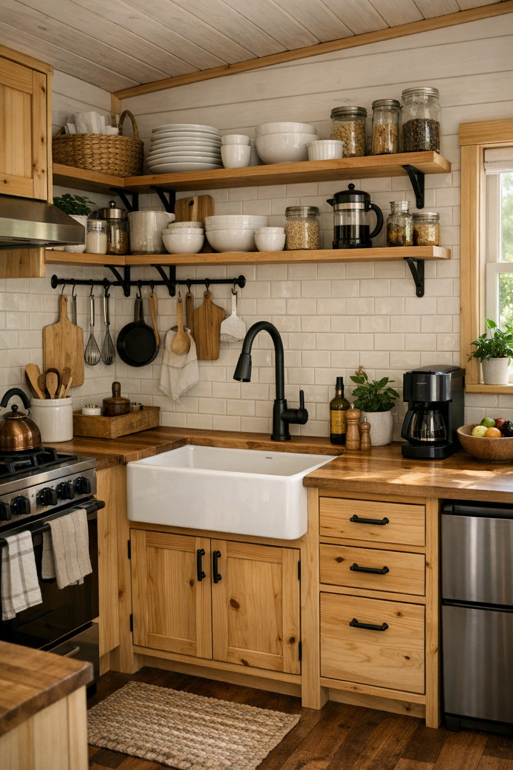 Tiny pine kitchen with butcher-block counters, a farmhouse sink, open shelving, and creamy tile backsplash