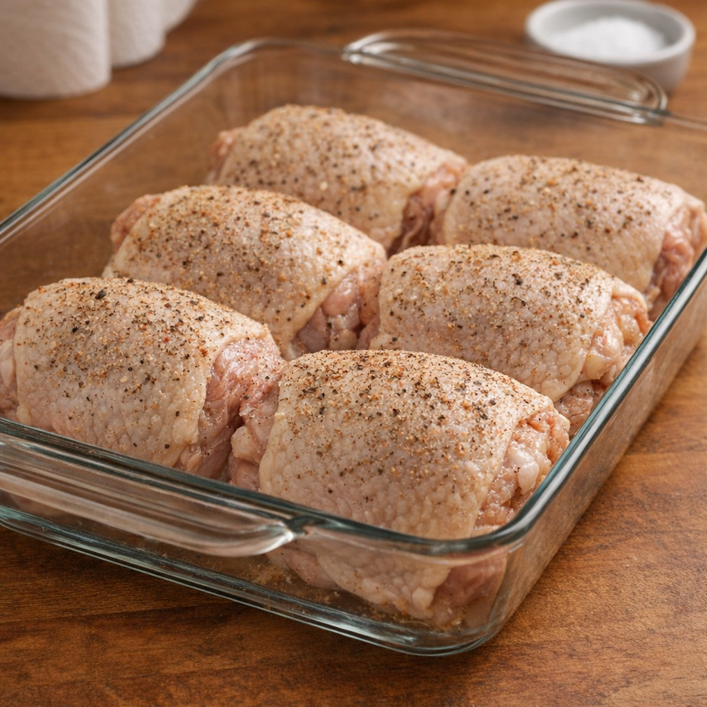 Raw chicken thighs arranged neatly in a glass baking dish