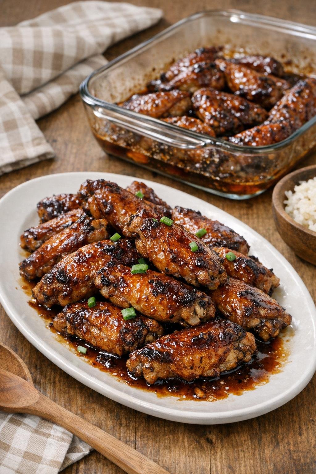 Finished glazed baked chicken wings on a platter