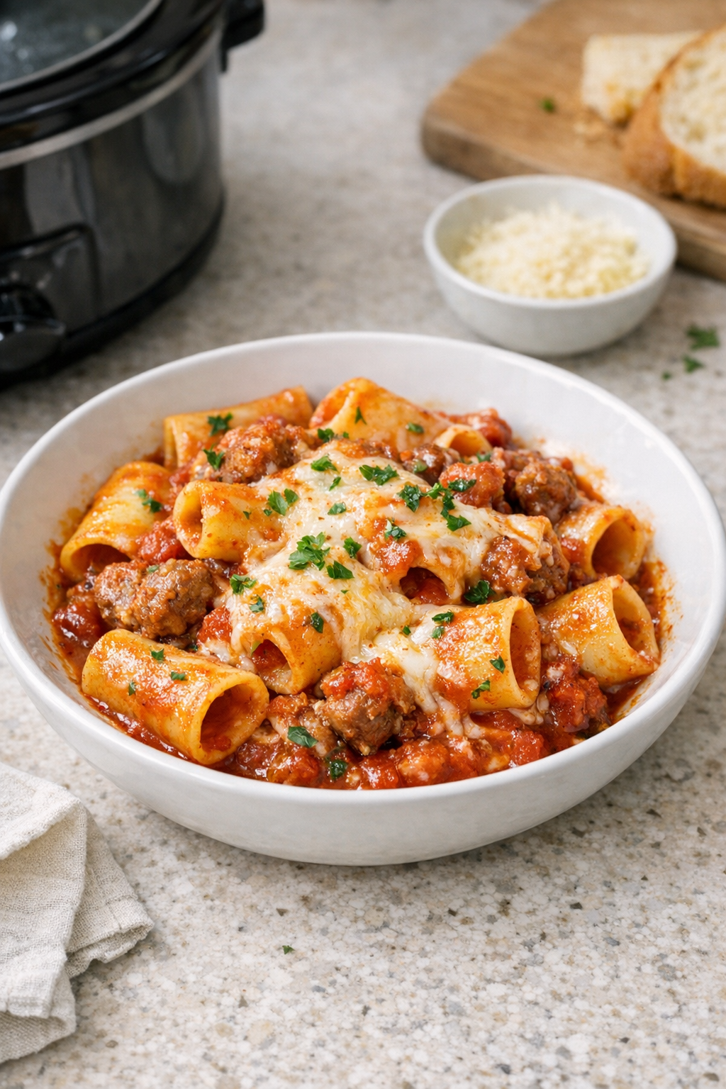 Finished plated paccheri pasta