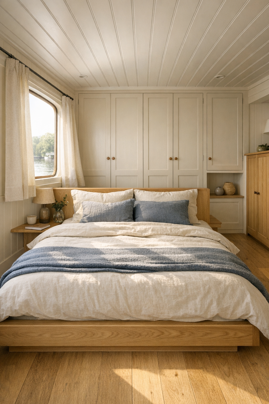 Serene shaker bedroom with pale oak bed and integrated wardrobes