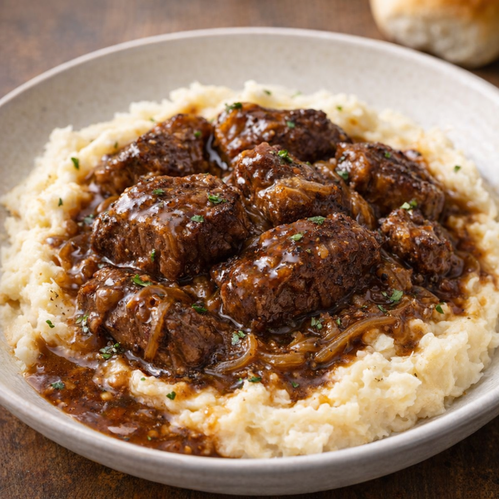 Slow cooker beef tips served over mashed potatoes