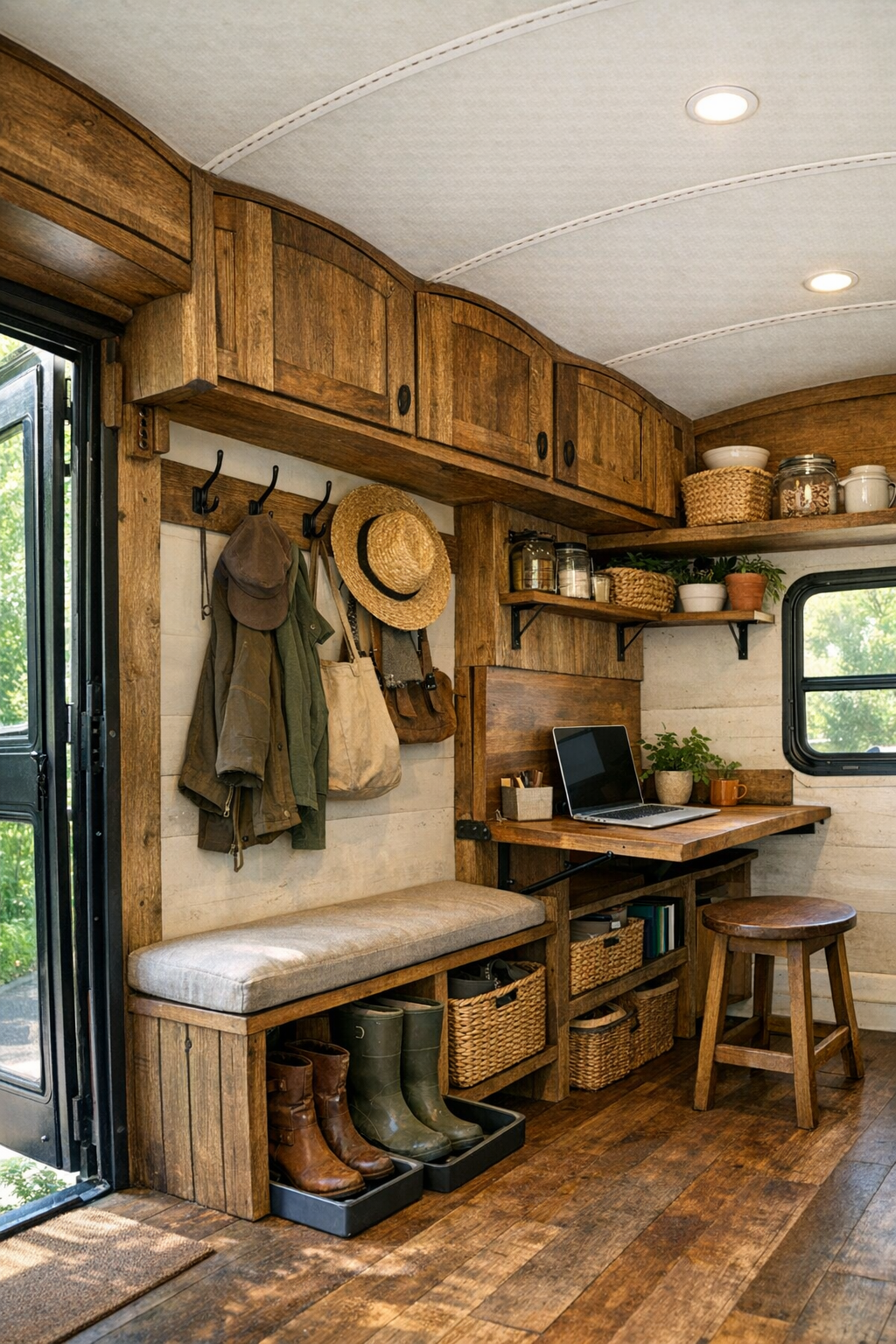 Bus entry and multipurpose area with mudroom storage, fold-down desk, and woven baskets