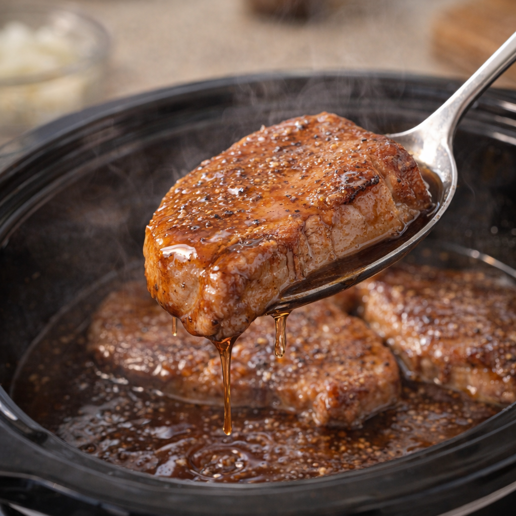 Tender cooked pork chop lifted from slow cooker with pan juices