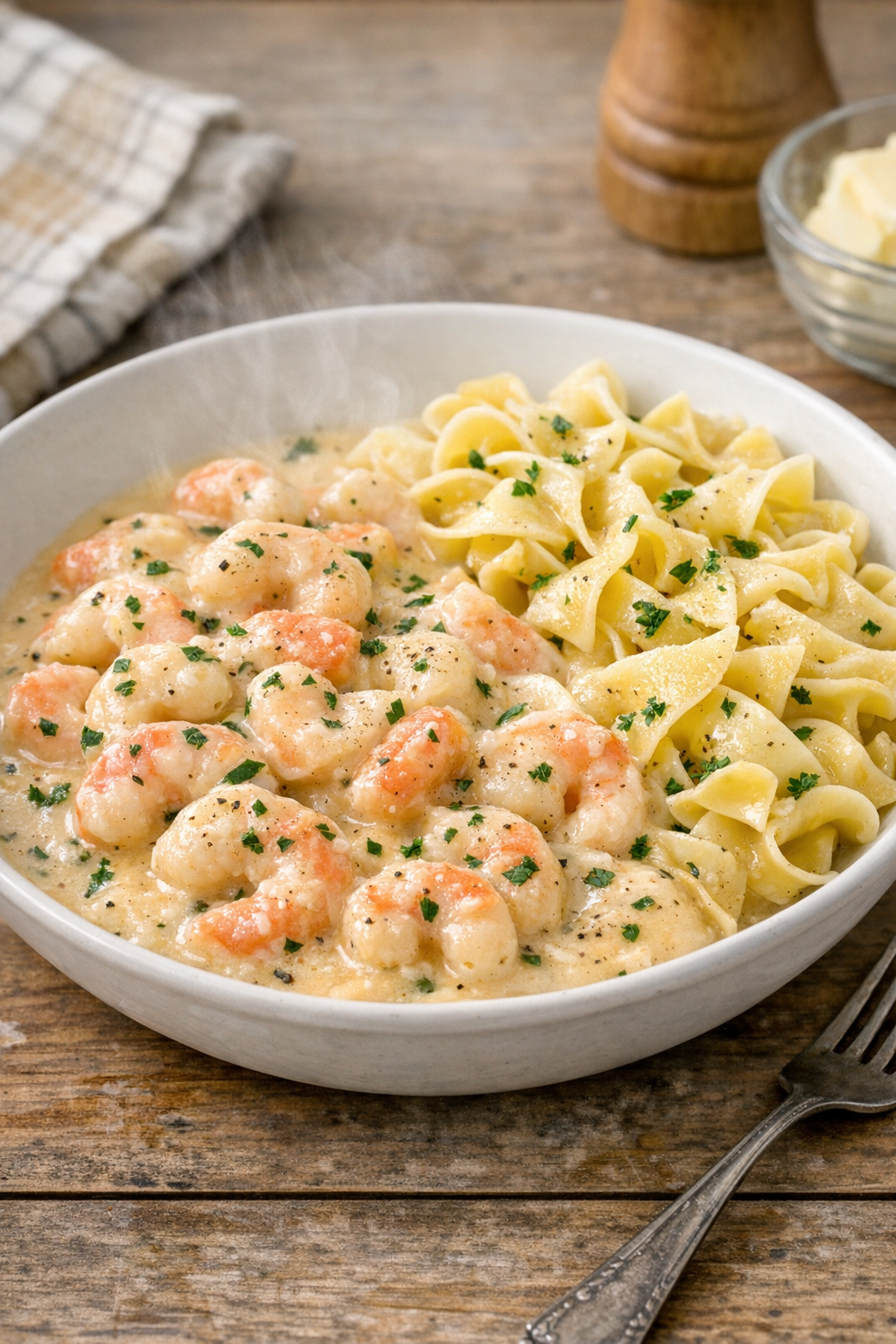 Creamy imitation shrimp served hot in a shallow bowl