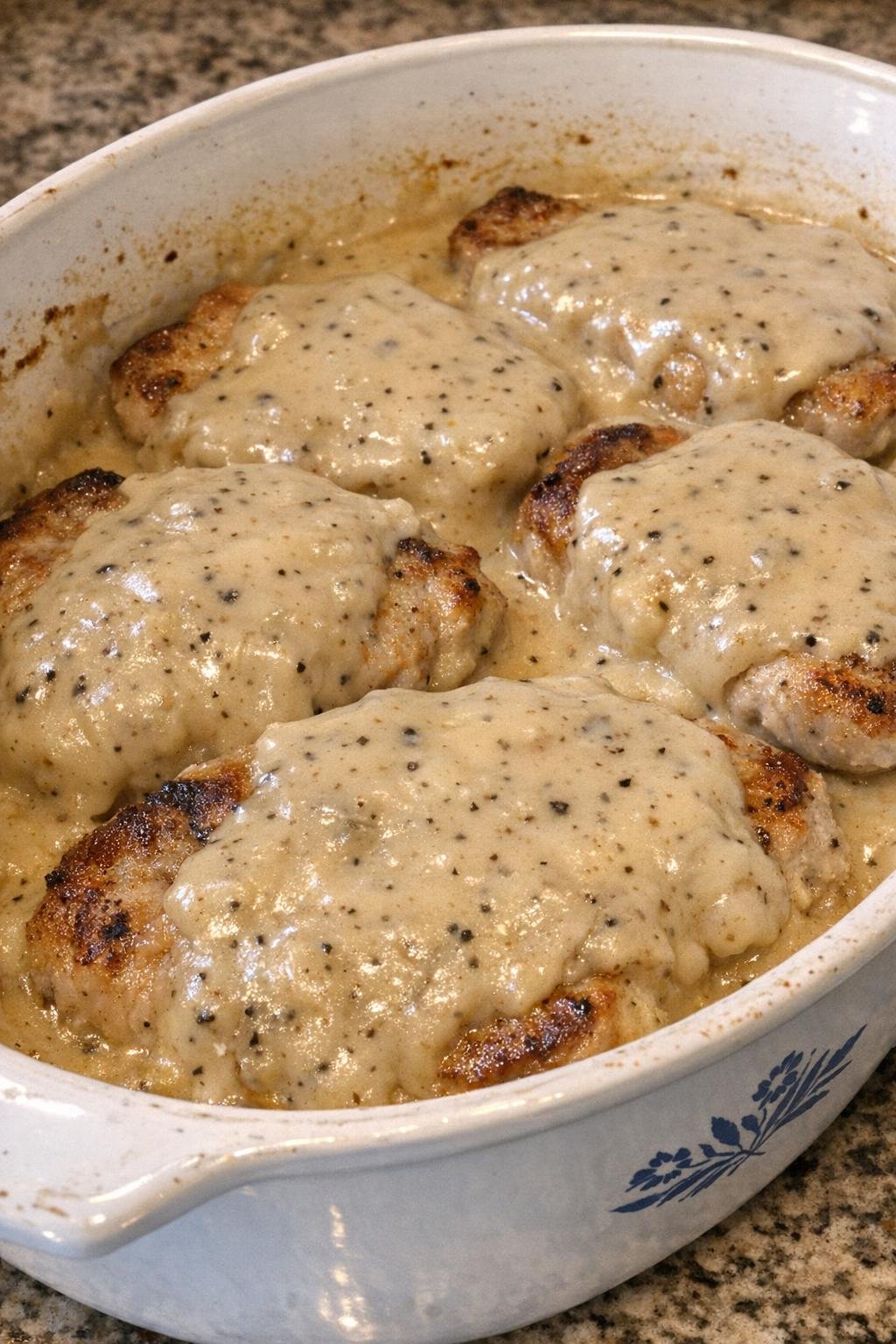 Golden browned pork chops in creamy gravy casserole
