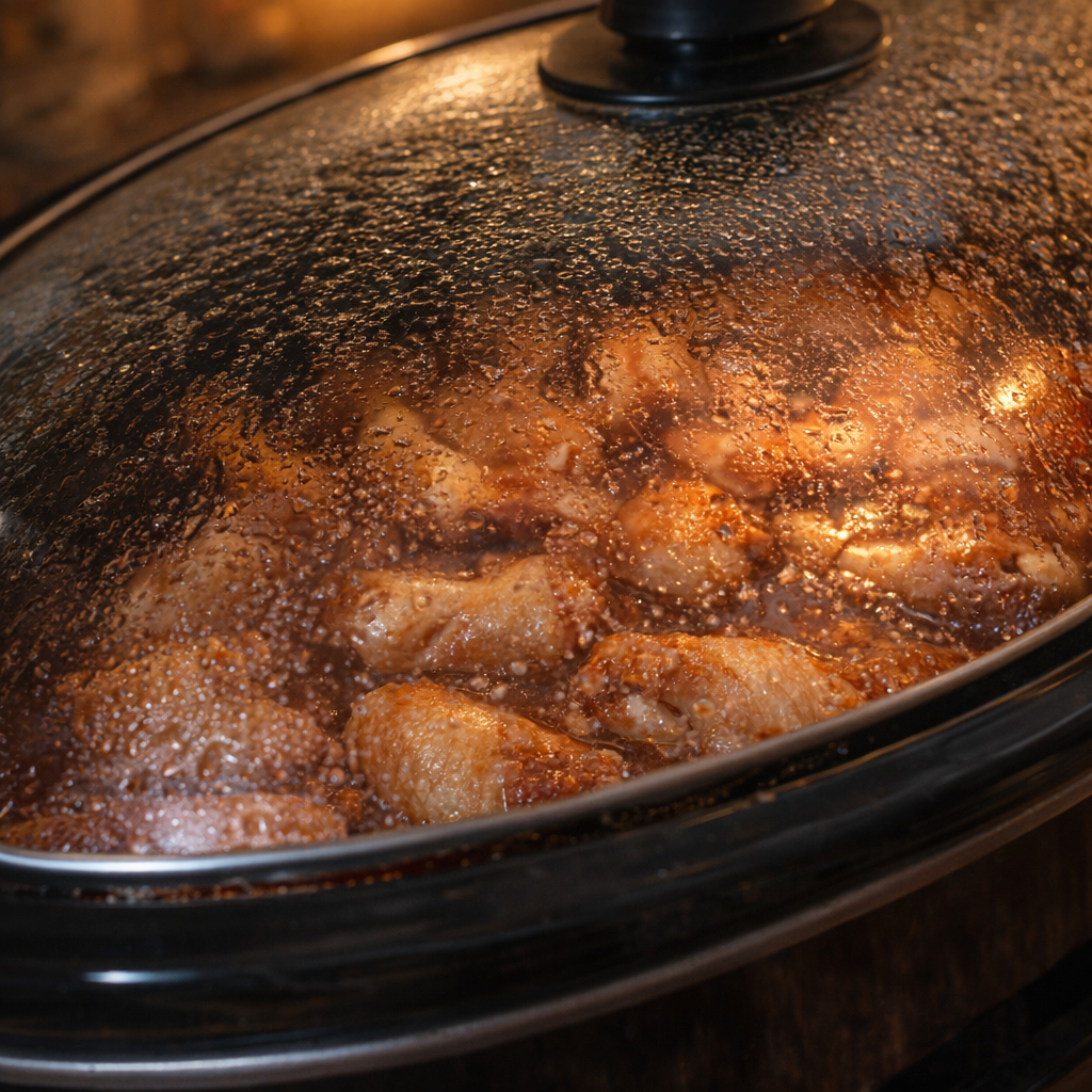 Slow cooker wings simmering under a glass lid