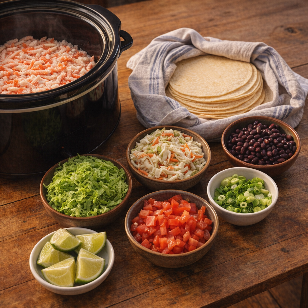 Taco bar with crab filling and simple toppings ready for supper