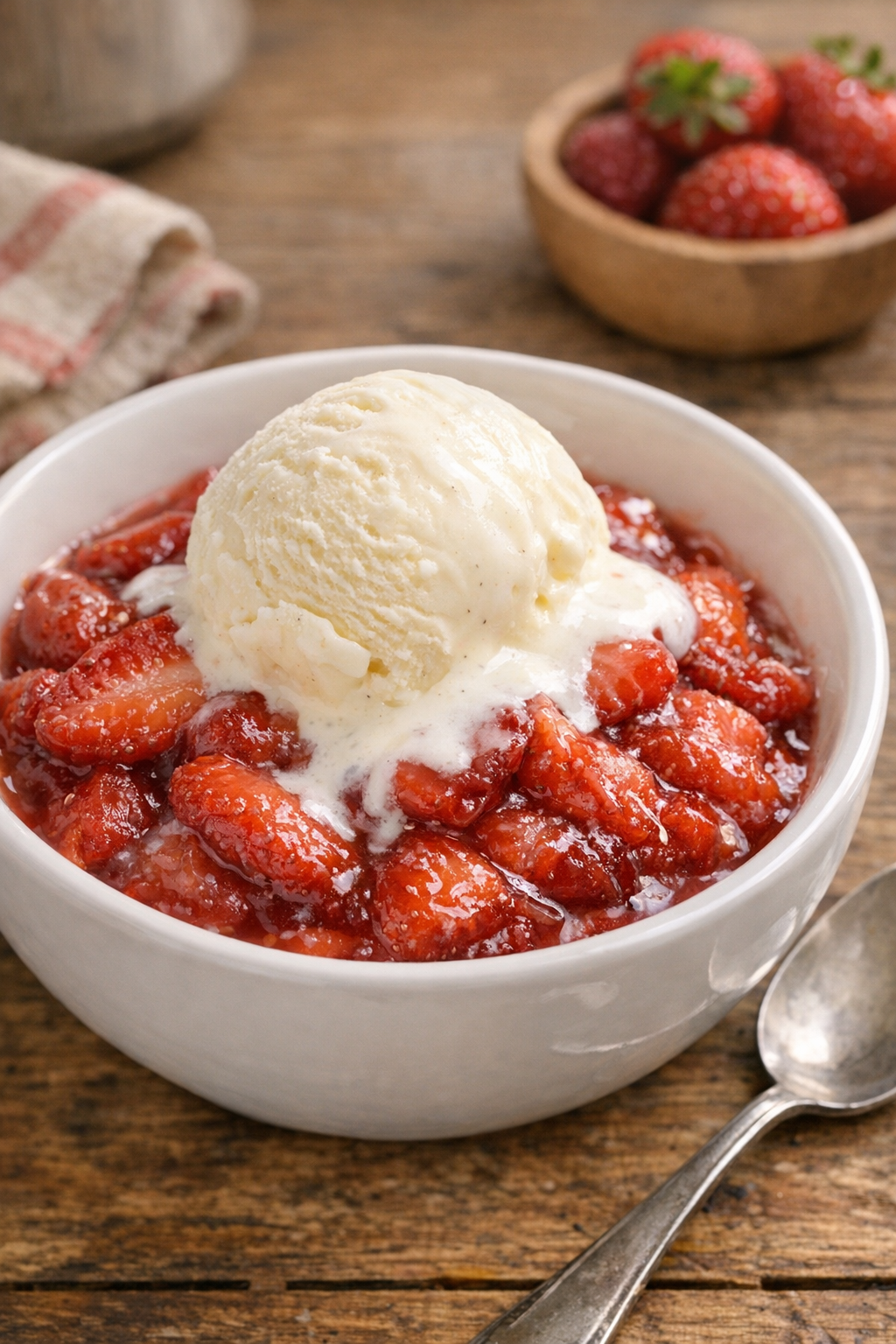 Warm strawberry slow cooker dessert in a serving bowl