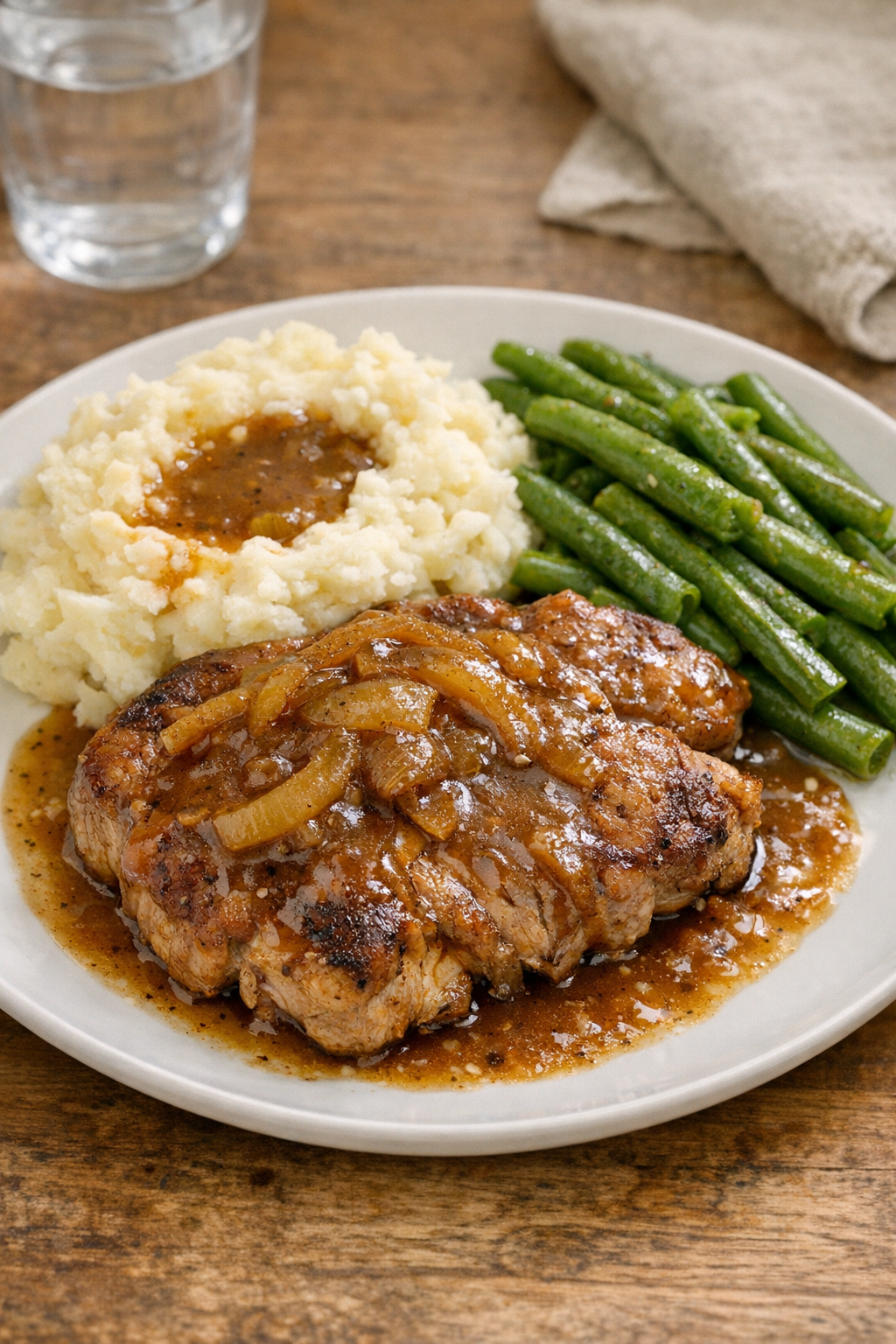 Finished slow cooker pork shoulder steaks with gravy