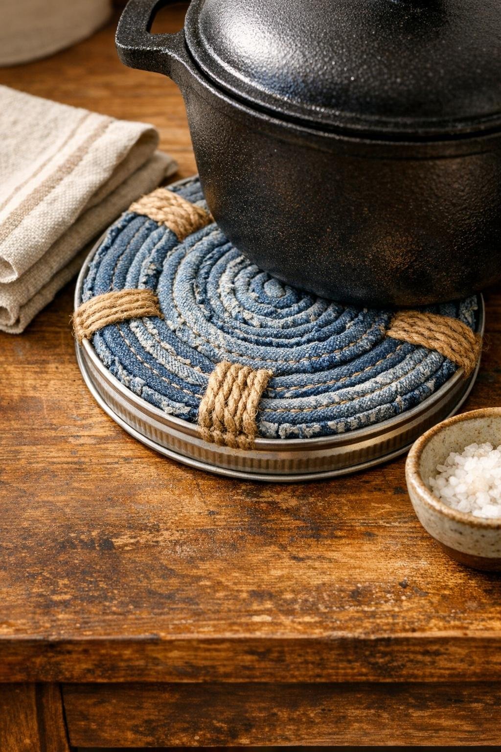Finished rolled denim trivet on a styled kitchen table
