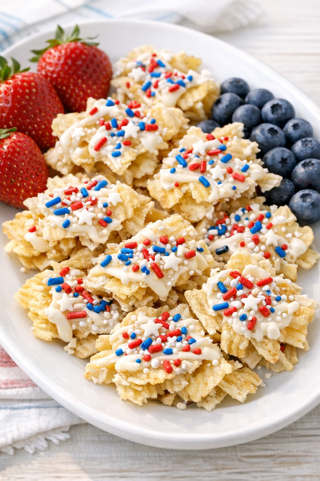 Plated patriotic potato chip treat with berries