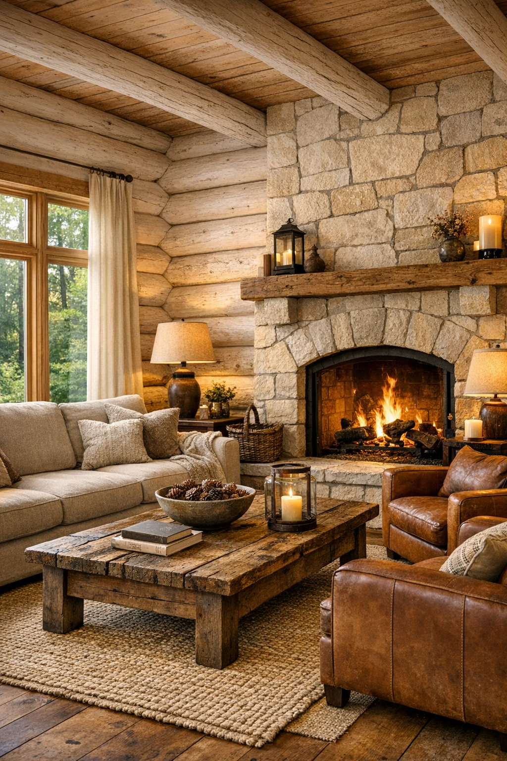 Bright living room with pale log walls, a stone fireplace, linen seating, and warm wood accents