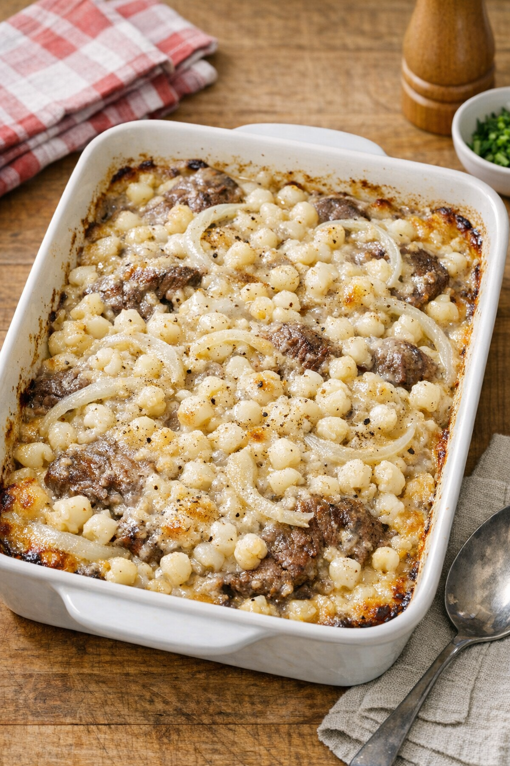 Finished baked beef and hominy casserole in a rustic baking dish