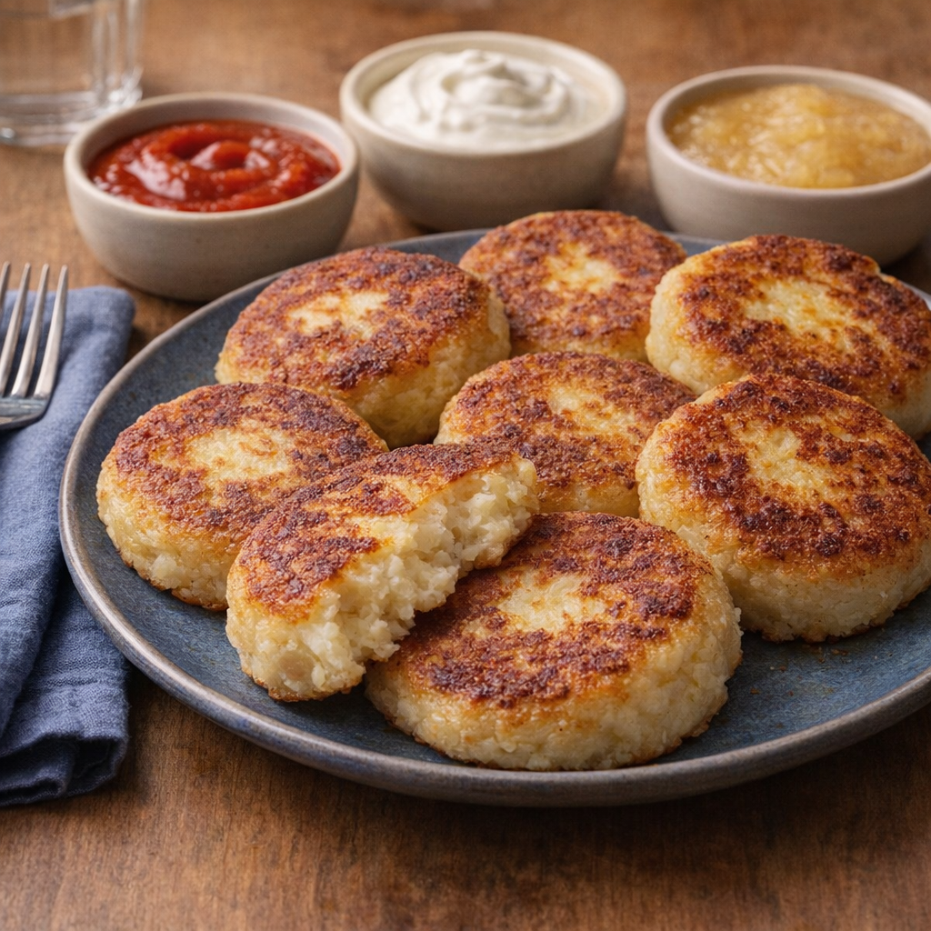 Mashed potato cakes served with dips for family-style eating