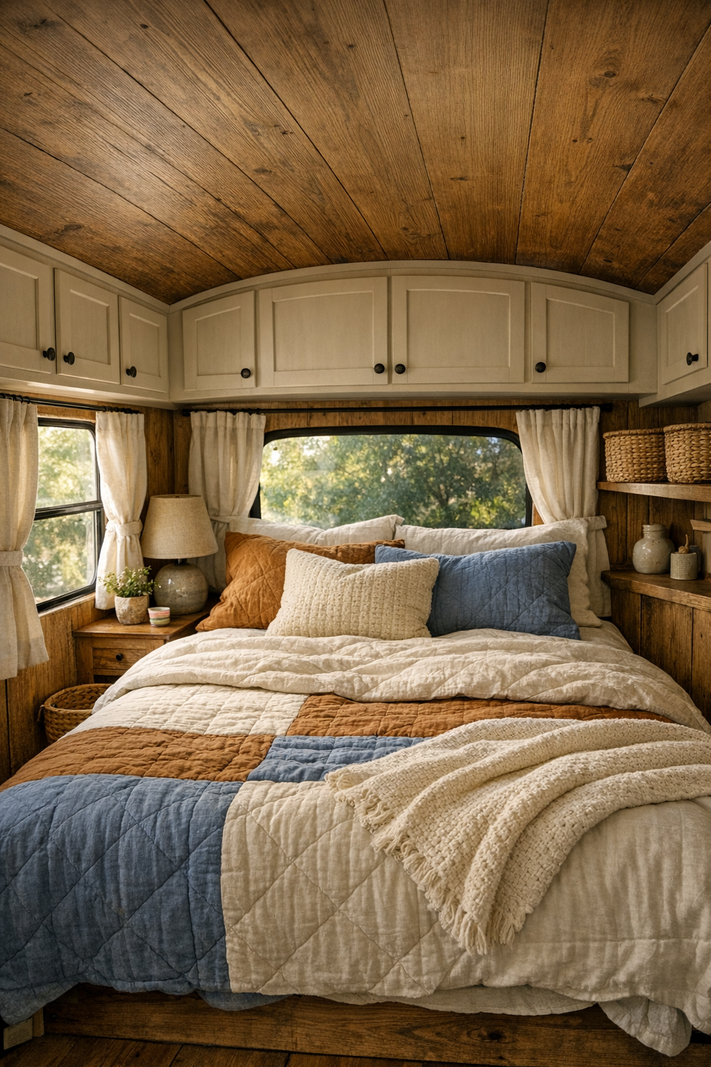 Restful bus bedroom with quilted bedding, built-in storage, and warm wood walls