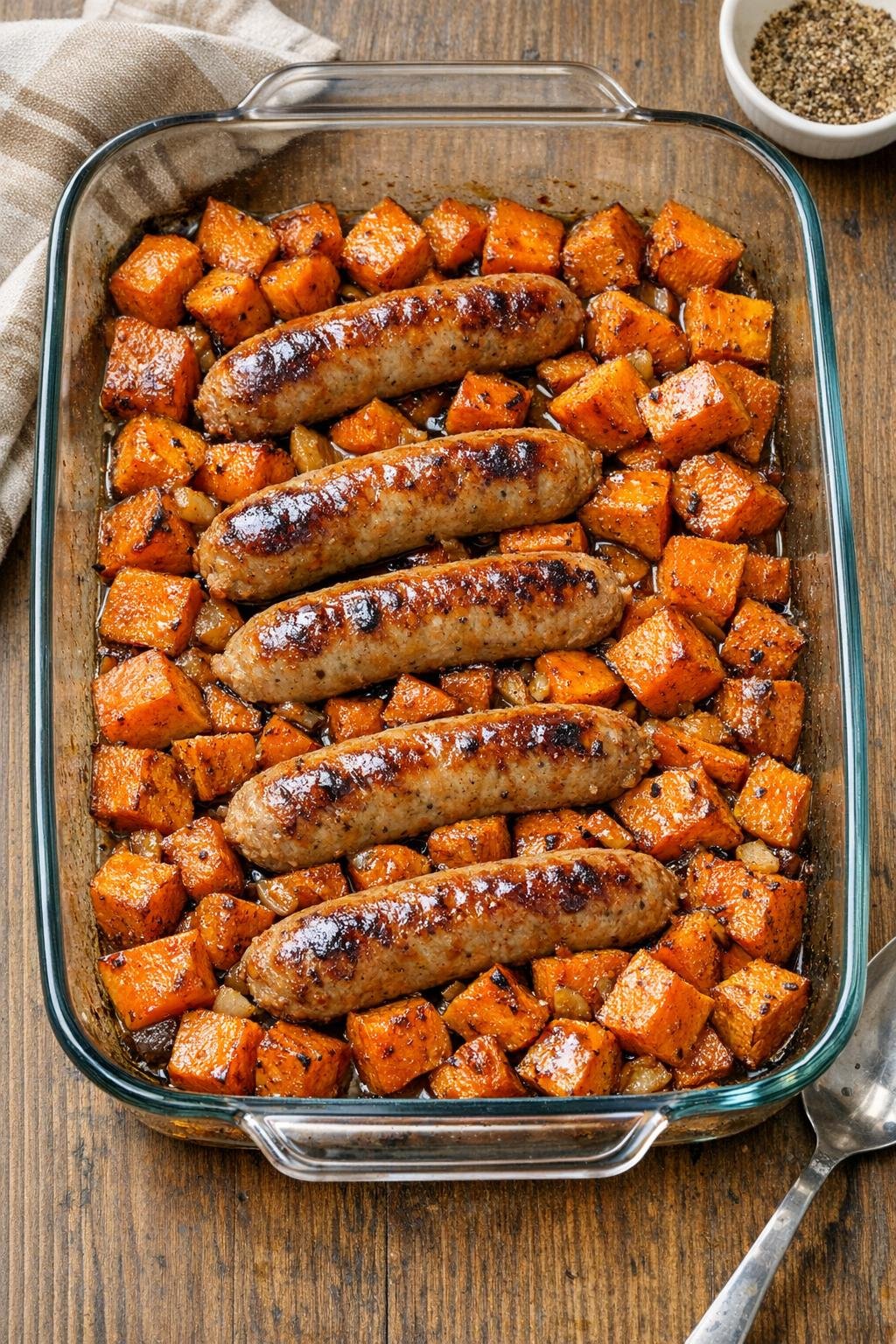 Finished chicken sausage and roasted sweet potato casserole