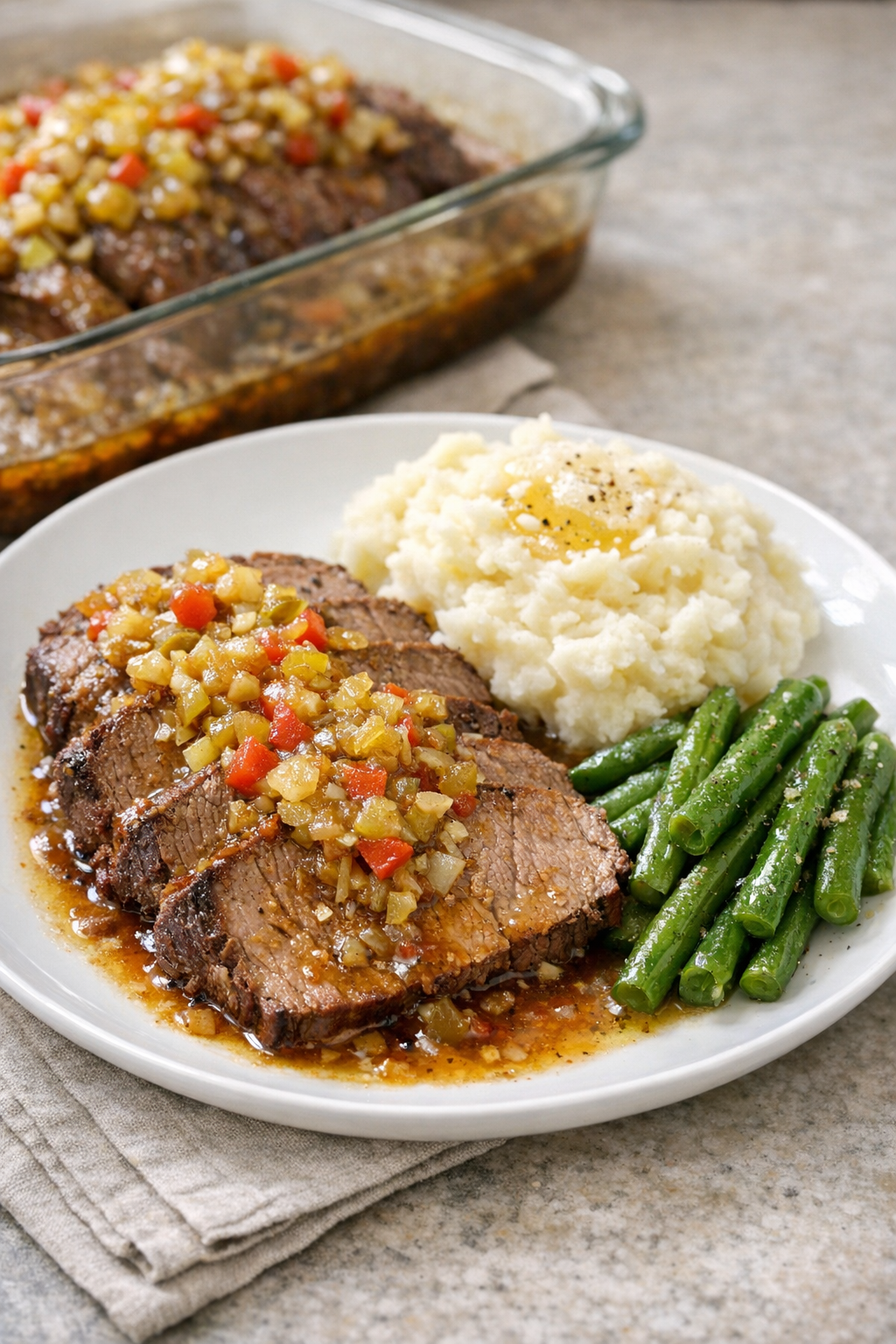 Finished Amish beef and chow chow bake plated for dinner