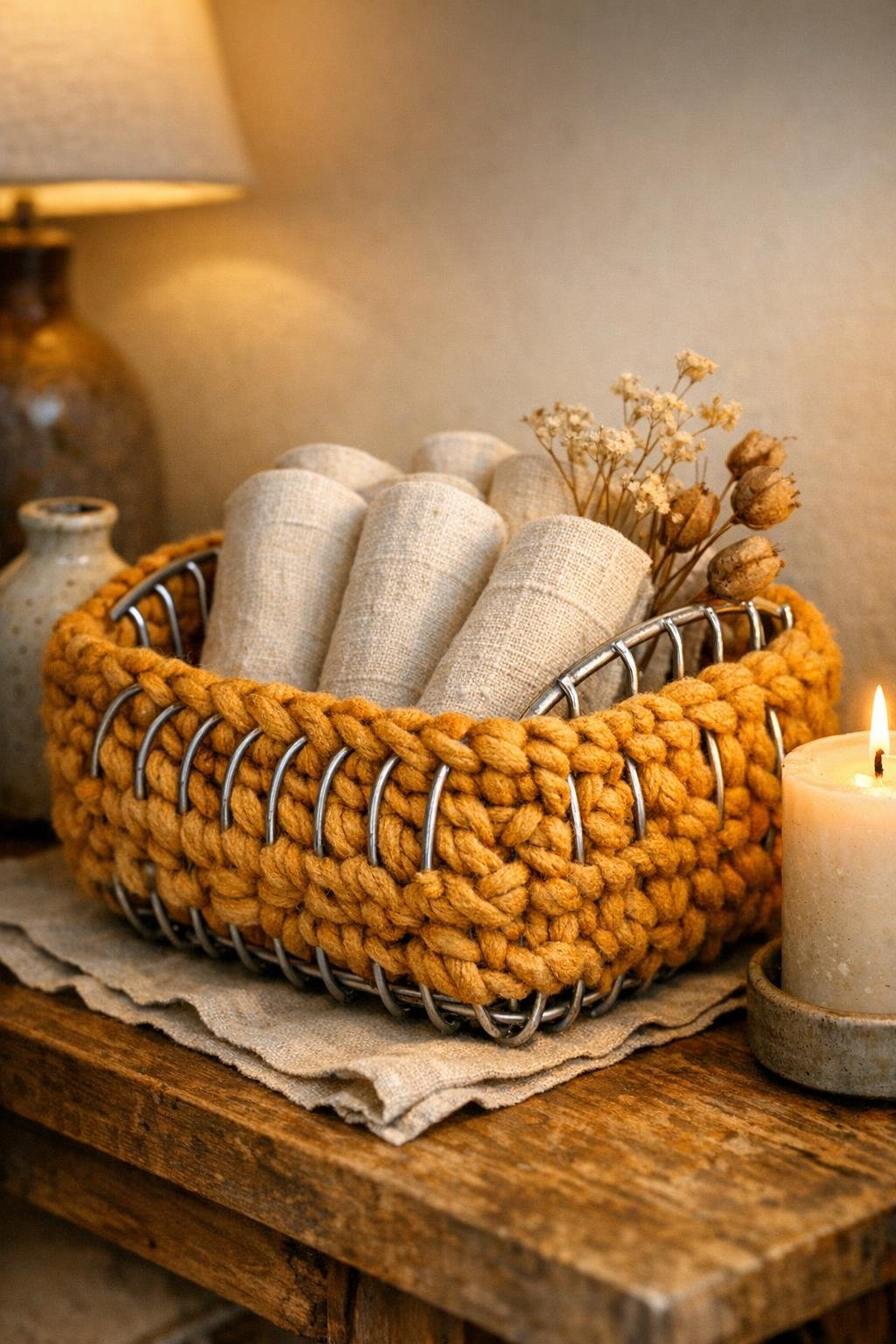 Finished decorative basket made from a vintage dish rack and chunky amber crochet