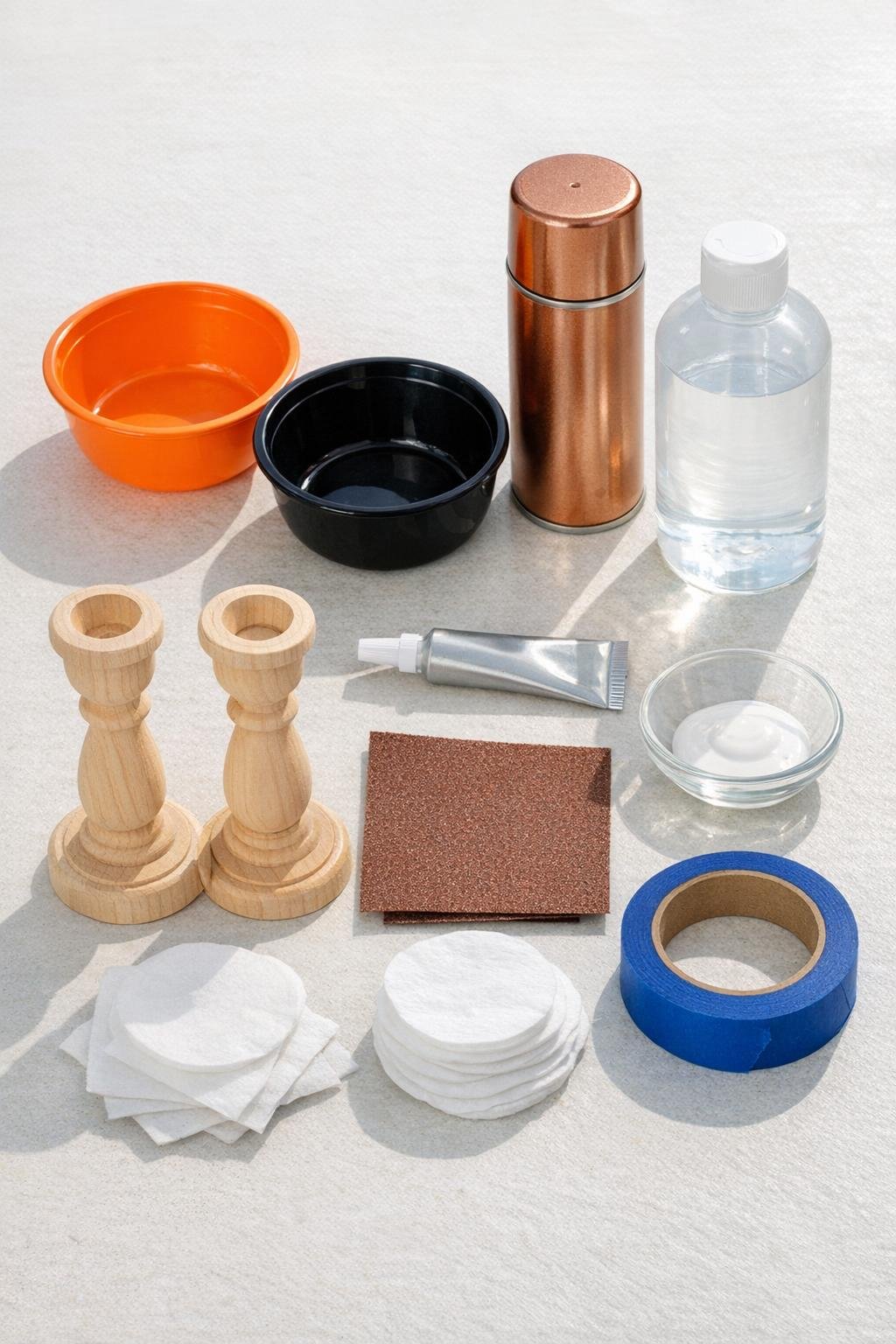 Dollar store bowls, wooden candlesticks, glue, sandpaper, and copper paint laid out for the project