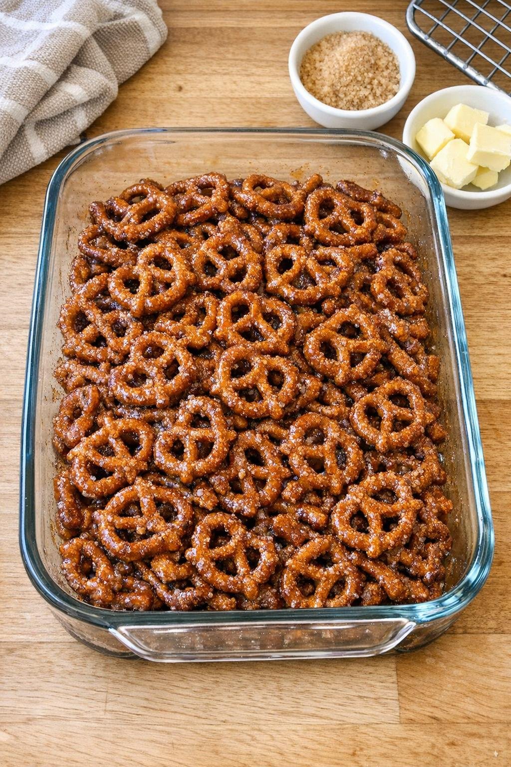 Finished baked pretzel dessert in a glass baking dish