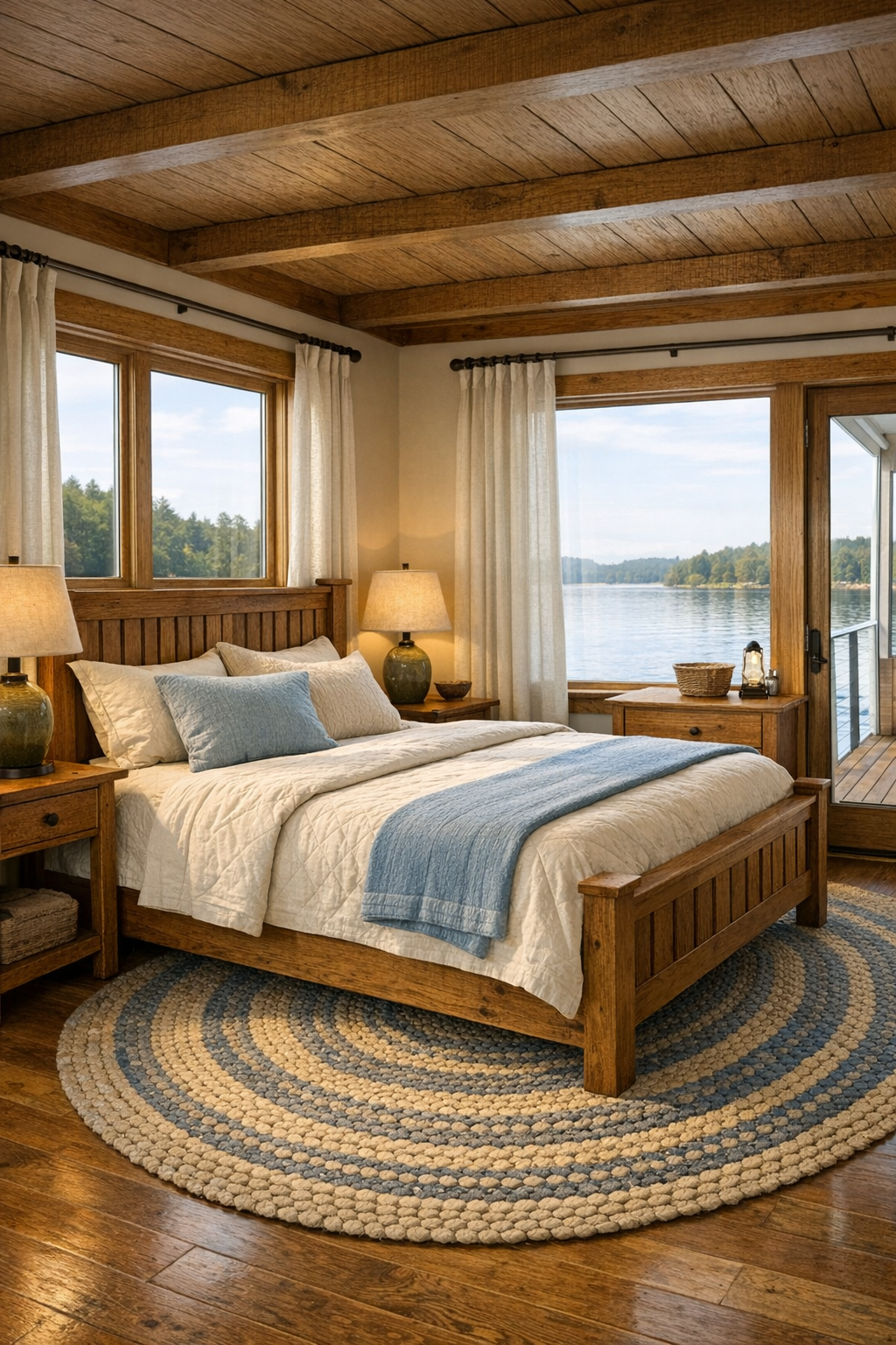 Calm lodge bedroom with oak bed, layered textiles, and windows overlooking the water