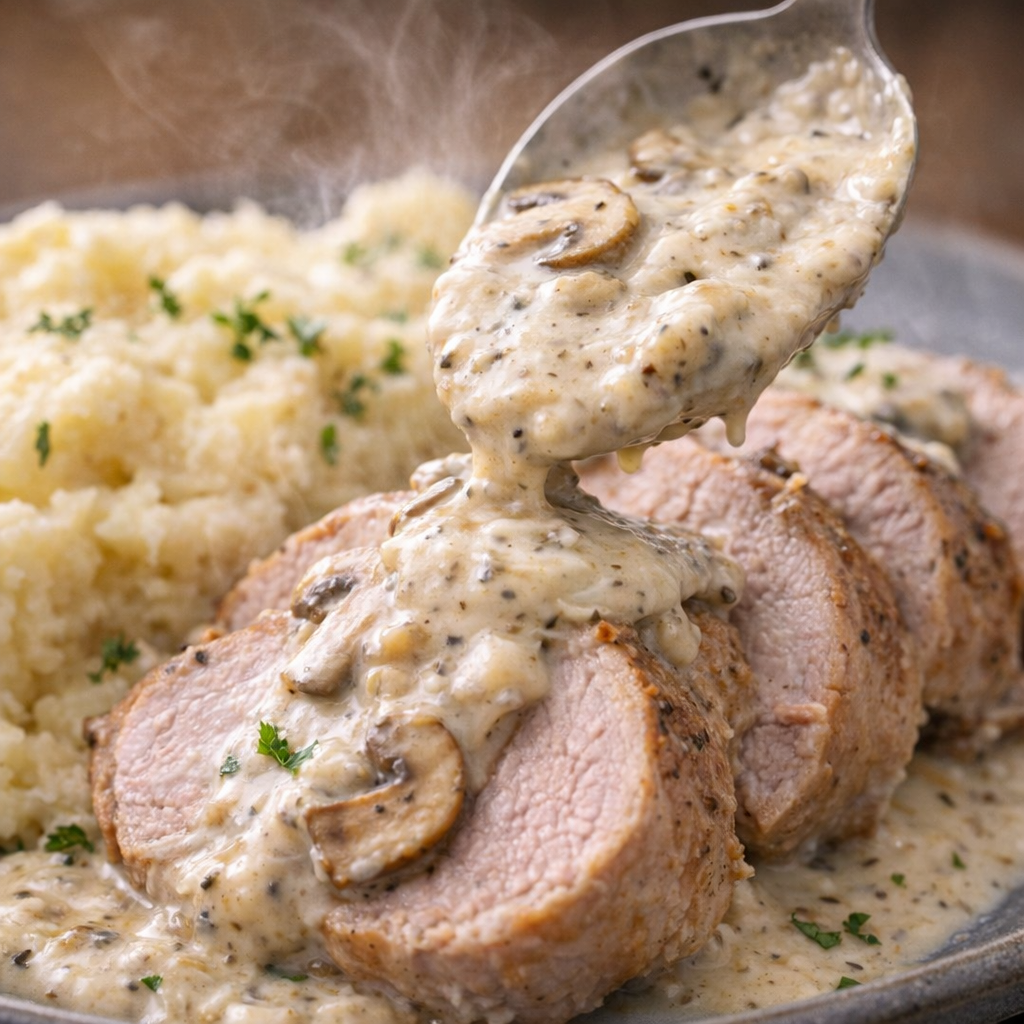 Creamy mushroom sauce spooned over sliced pork close-up