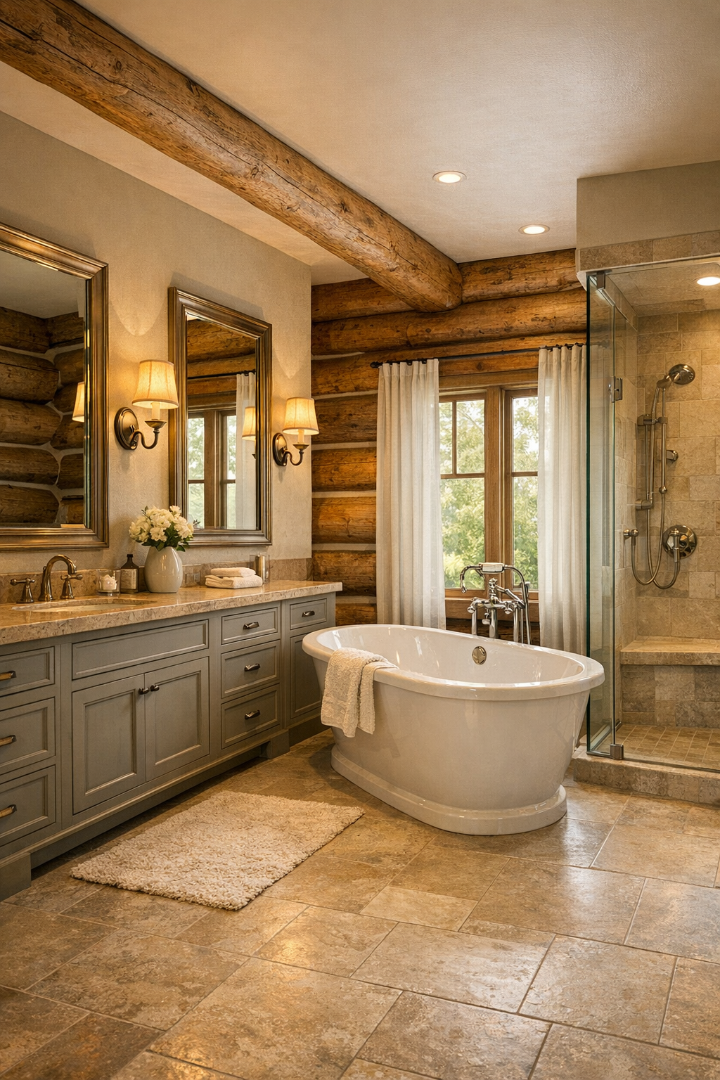 Classic bathroom with freestanding tub, painted vanity, and soft stone finishes