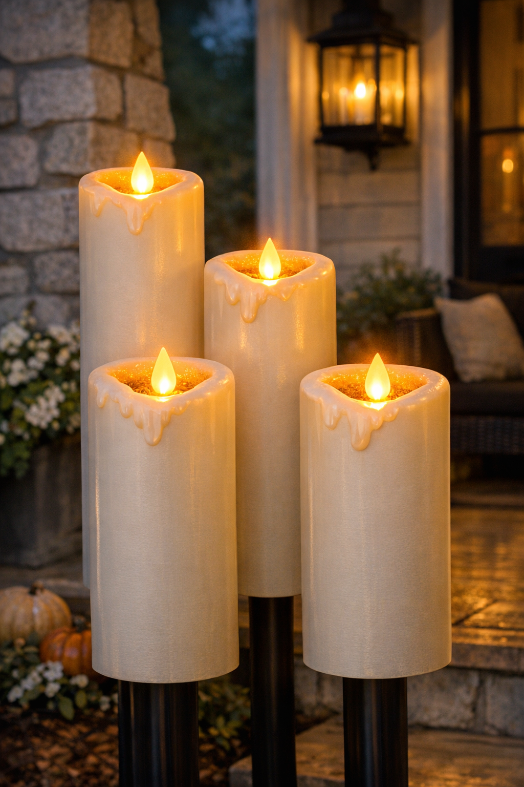 Finished oversized patio pillar candles glowing on a porch at dusk
