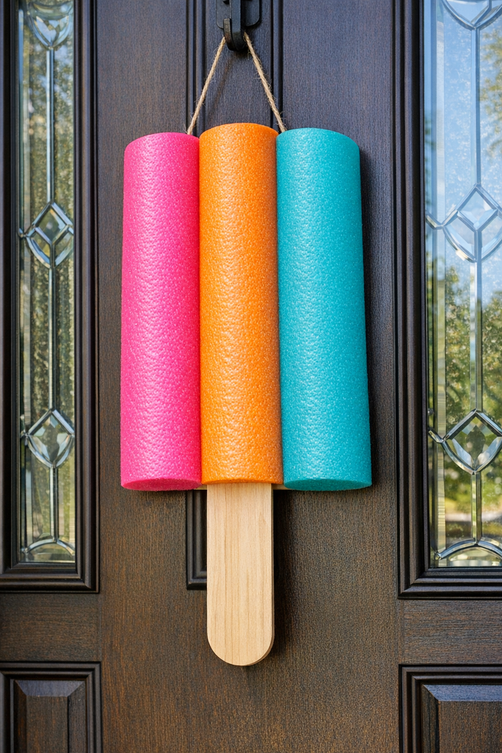 Finished giant pool noodle popsicle front door hanger on a front door
