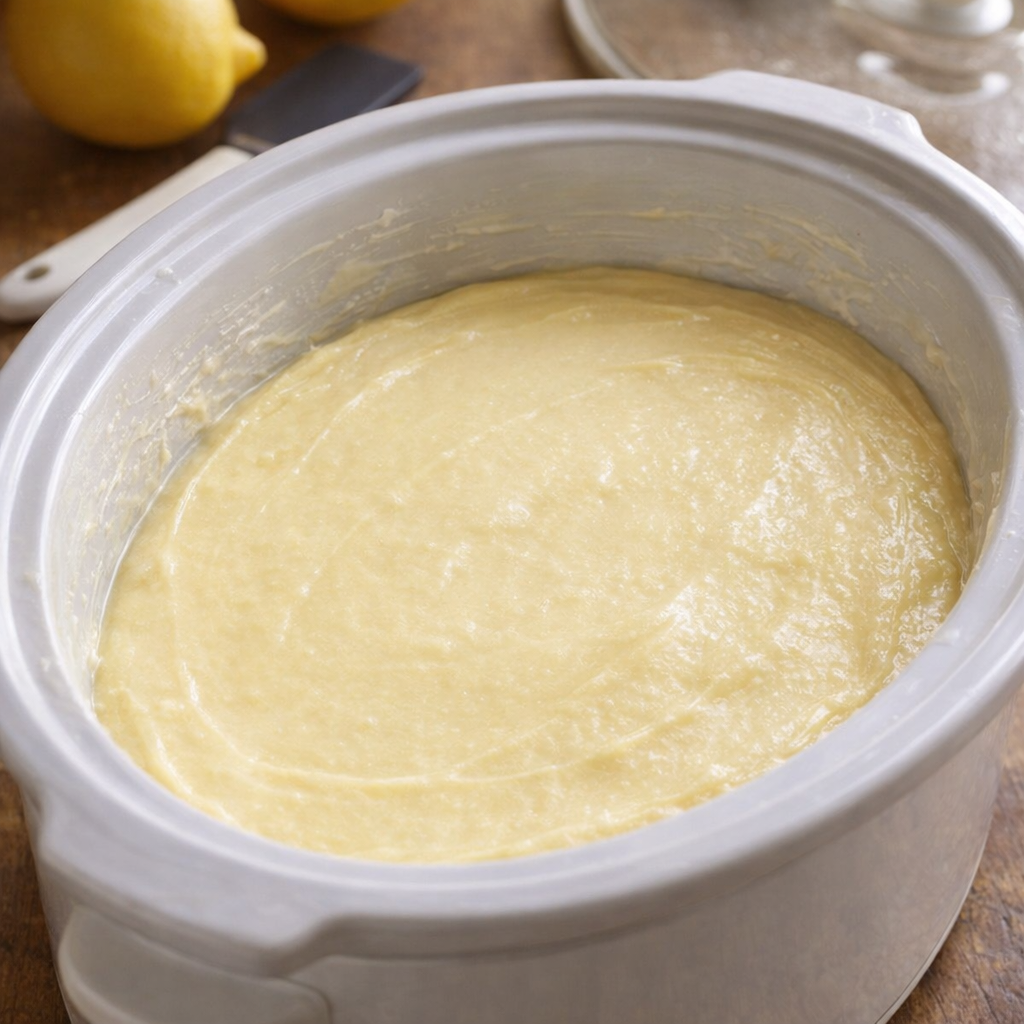 Lemon pudding batter in a slow cooker before cooking