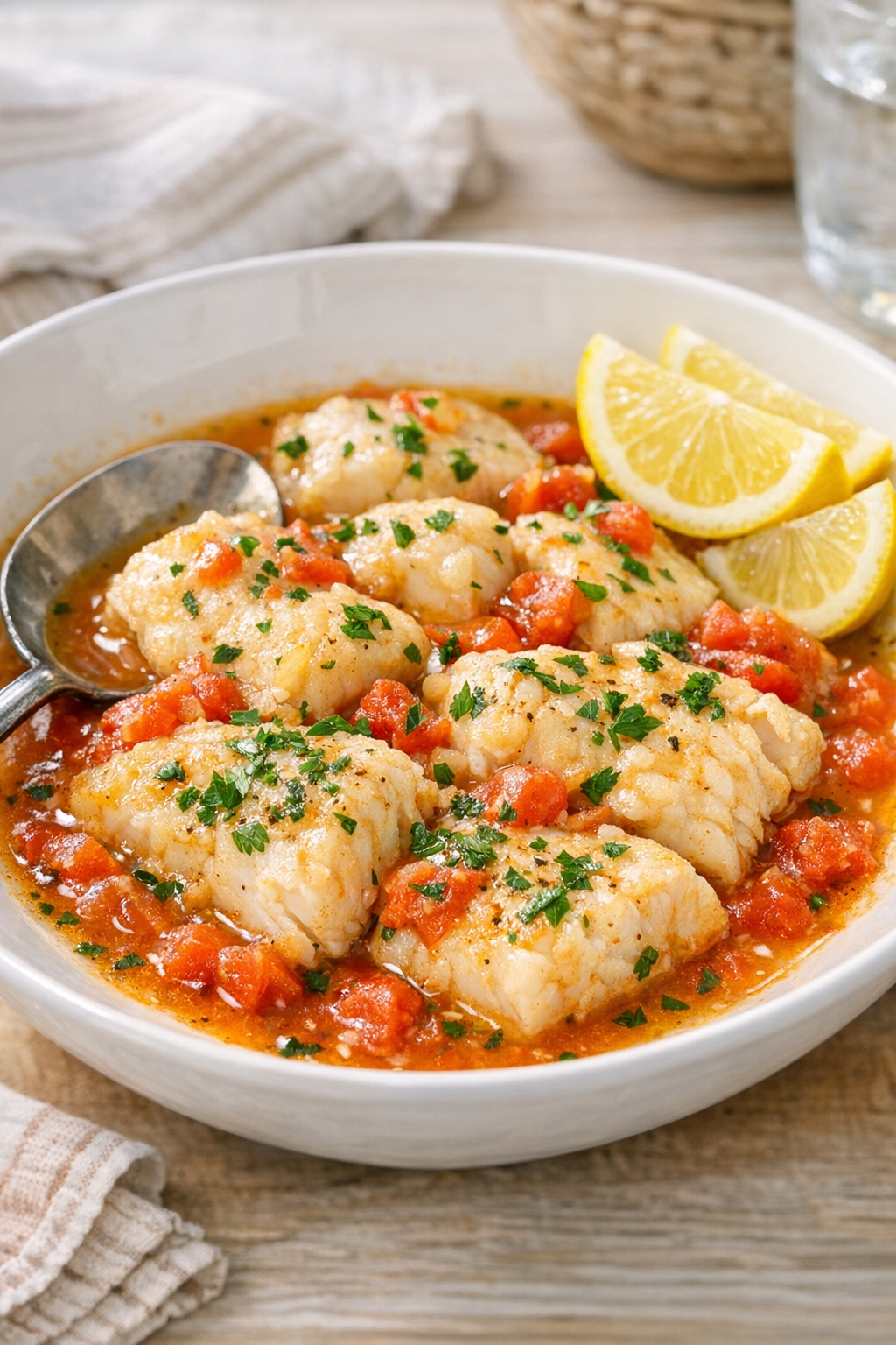 Finished slow cooker cod plated with herbs and lemon
