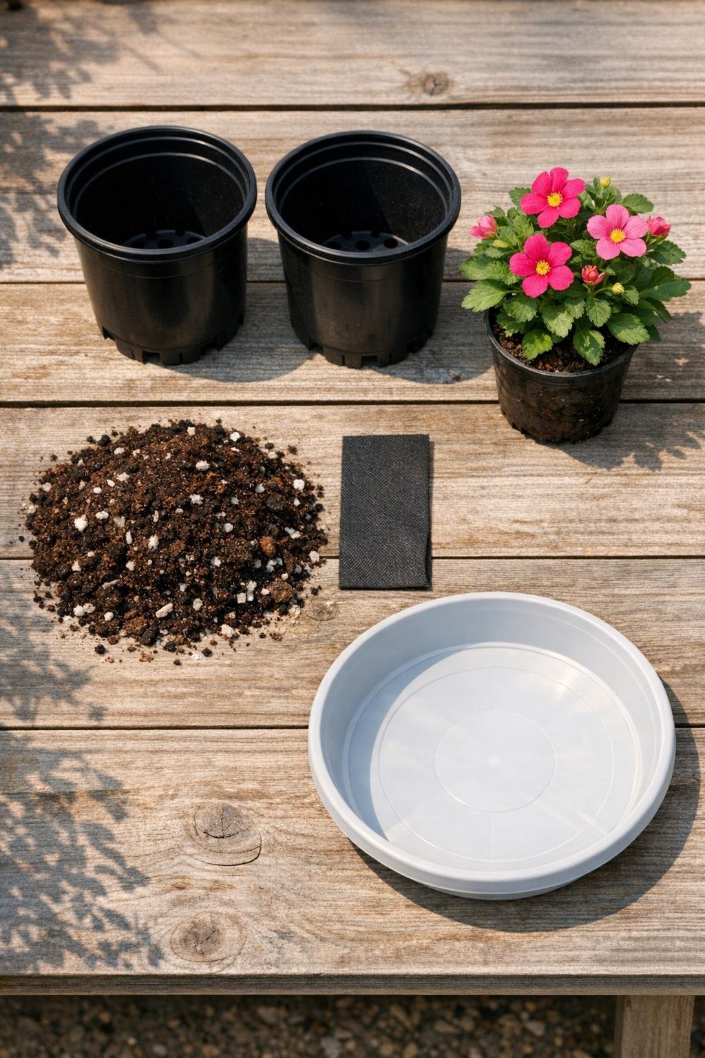Materials for a DIY self-wicking container planter laid out together