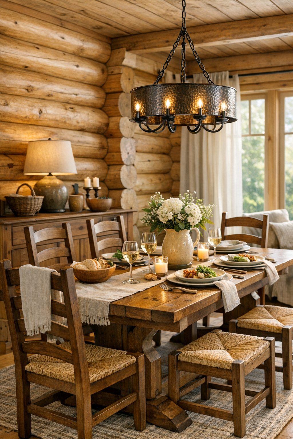 Amish-crafted dining room with solid wood table in a warm log home