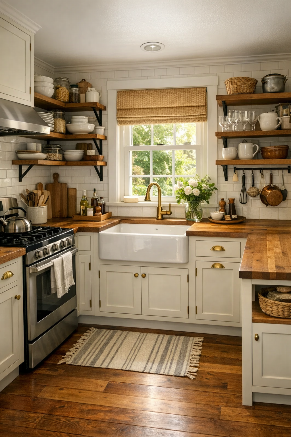 Tiny handcrafted kitchen with apron-front sink and butcher block counters