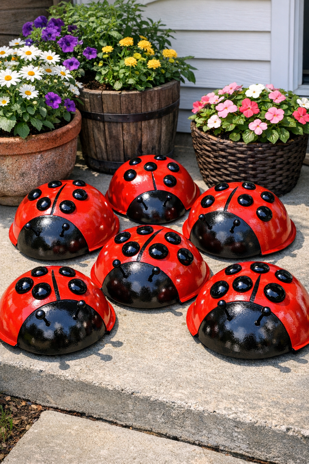 Finished giant porch ladybugs displayed together