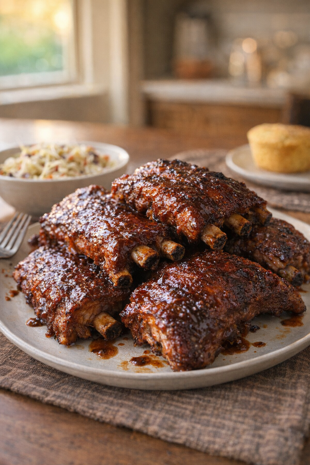 Slow cooker sticky glazed ribs served for dinner