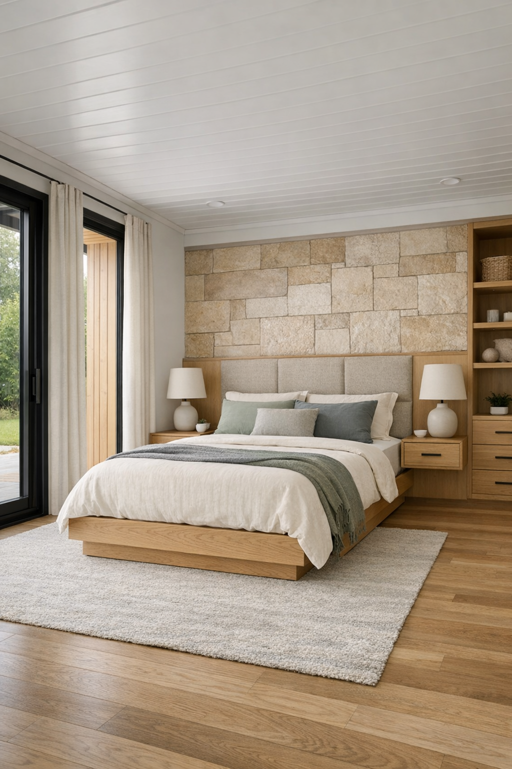 Serene bedroom with sage bedding and upholstered headboard wall