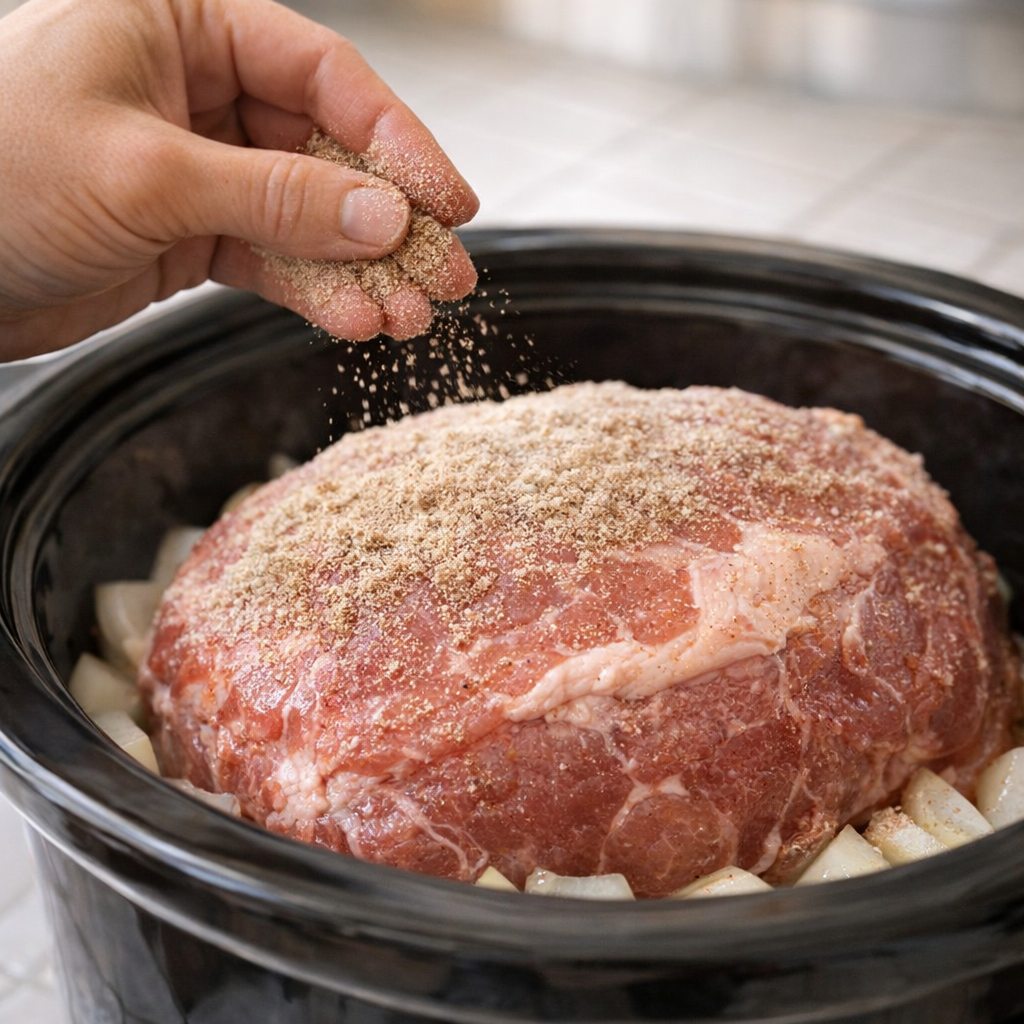 Gravy mix being sprinkled over a pork roast in a slow cooker